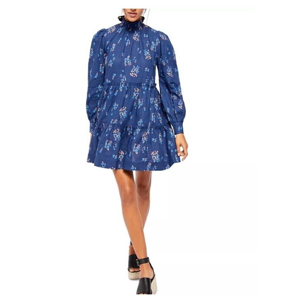 Free People Women's Dress Petite Fours Blue Floral Size S Tie Back Deep V Ruffle